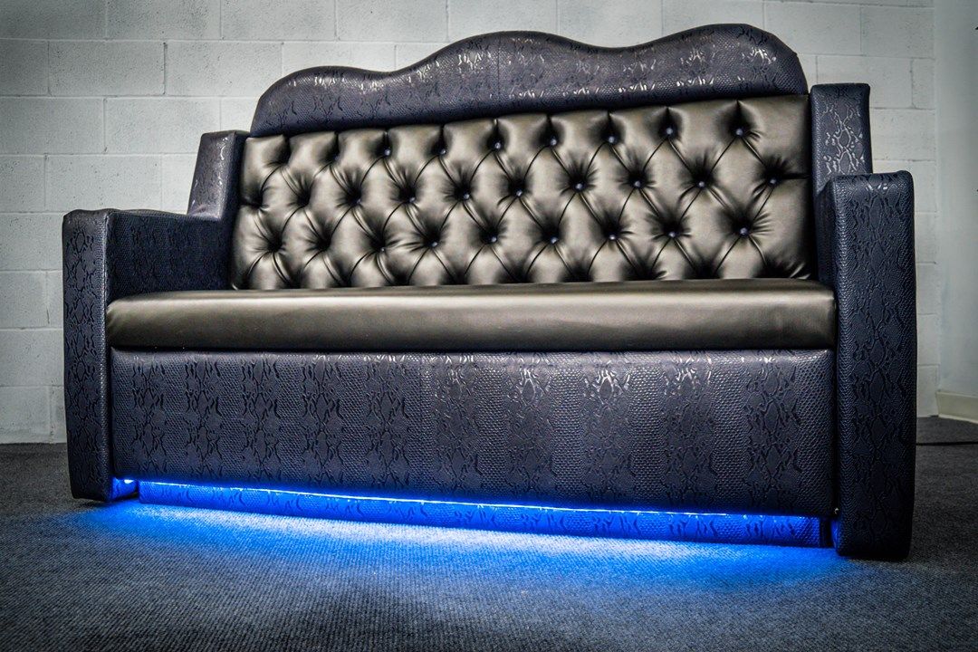 VIP nightclub couch with led light in blue crock skin and black vinyl